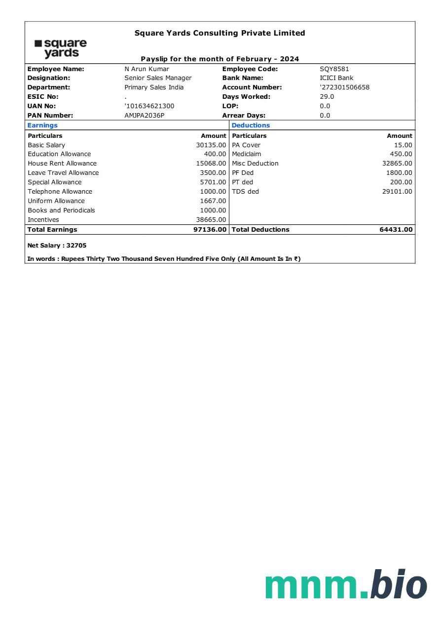 Square Yards Consulting payslip template w formatach Word i PDF